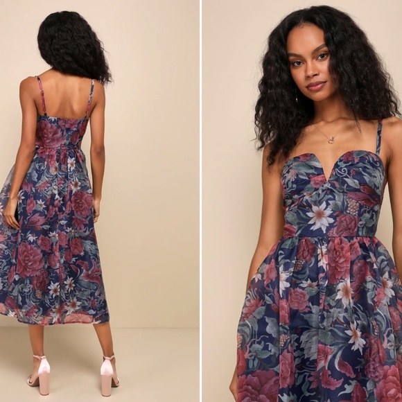 LULU's Floral Sexy Flowy Special Event Prom Wedding Chic Elegant Midi Dress - Picture 4 of 5
